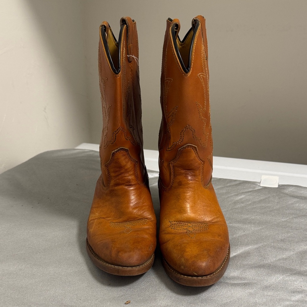 Classic Brown Leather Cowboy Boots Mid Shin Height